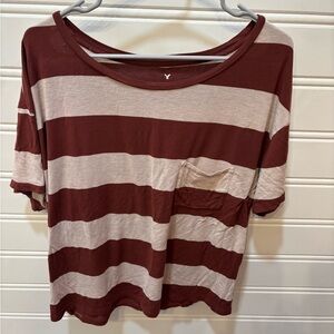 American Eagle Outfitters Maroon and Cream Striped Tee
